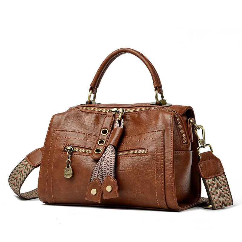 Retro style soft PU women's crossbody bag in a horizontal square shape with a sandwich pocket.