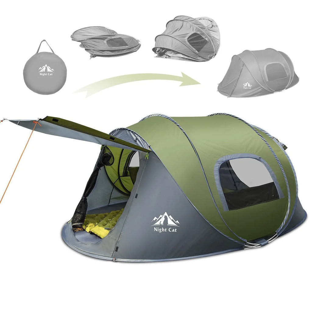 Dark green automatic camping tent for two people with dimensions 2.9m x 2m x 1.15m