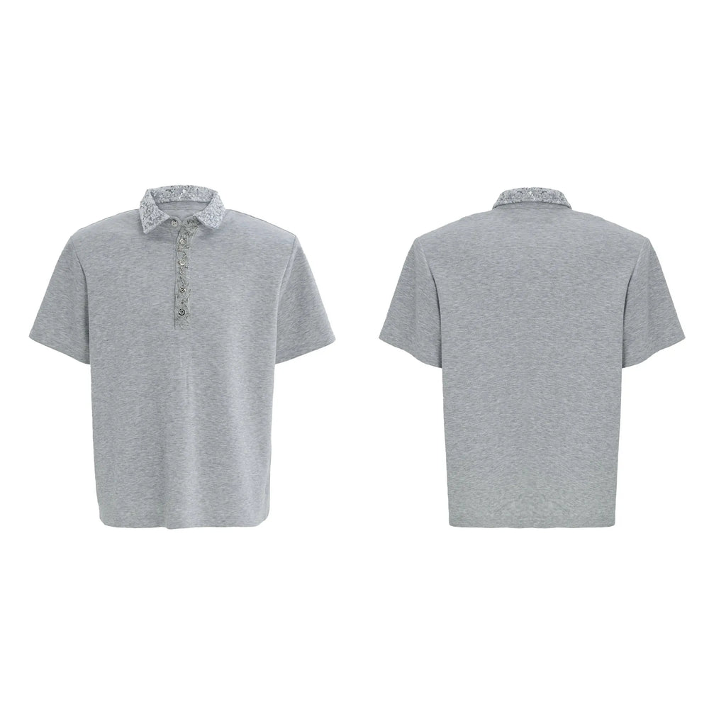 Men's black loose fit polo t-shirt with embroidery sequin detail and square collar