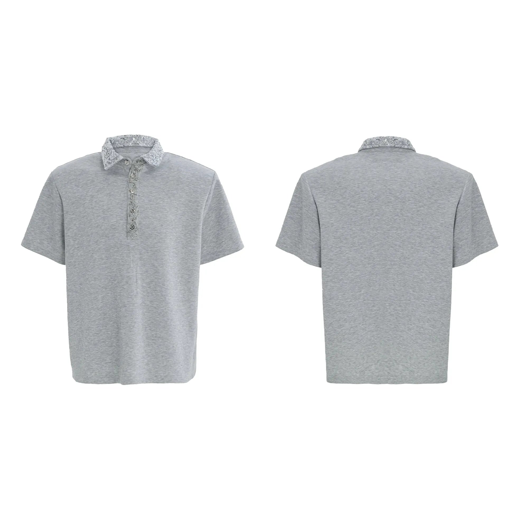 Men's black loose fit polo t-shirt with embroidery sequin detail and square collar