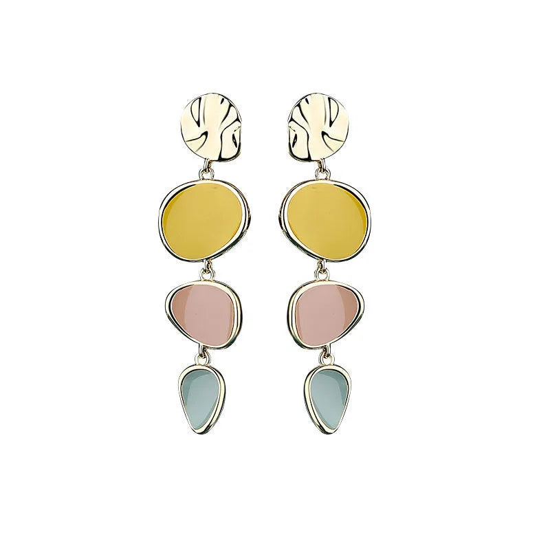 Morandi three-colour oil drip texture on disc-shaped wafer earrings with sterling silver needle