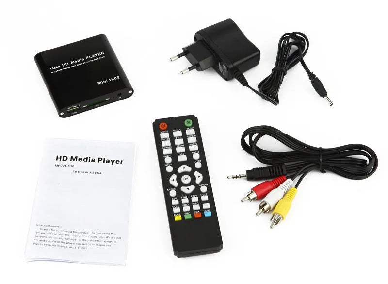 Compact blue and black all-metal 1080P Full HD media player with HDMI port for SD cards and USB drives.