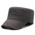 Men's flat-top cotton peaked cap in army green with adjustable strap and English letter detail.