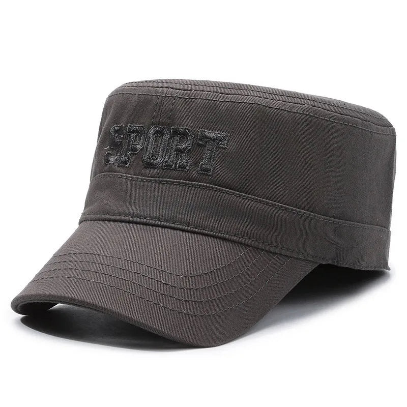 Men's flat-top cotton peaked cap in army green with adjustable strap and English letter detail.