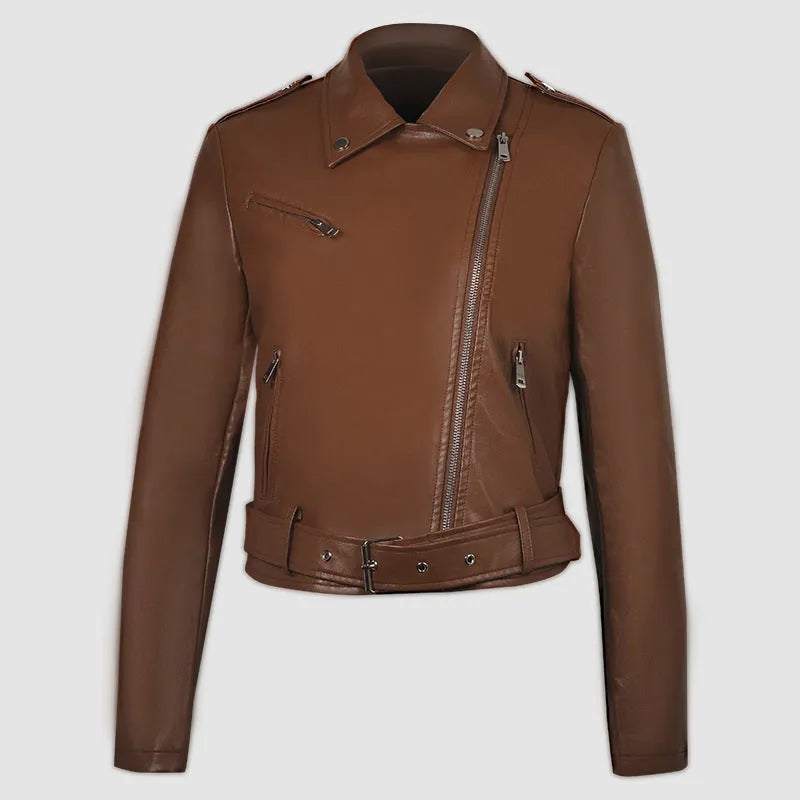 Women's black PU leather motorcycle jacket with lapel collar and decorative belt