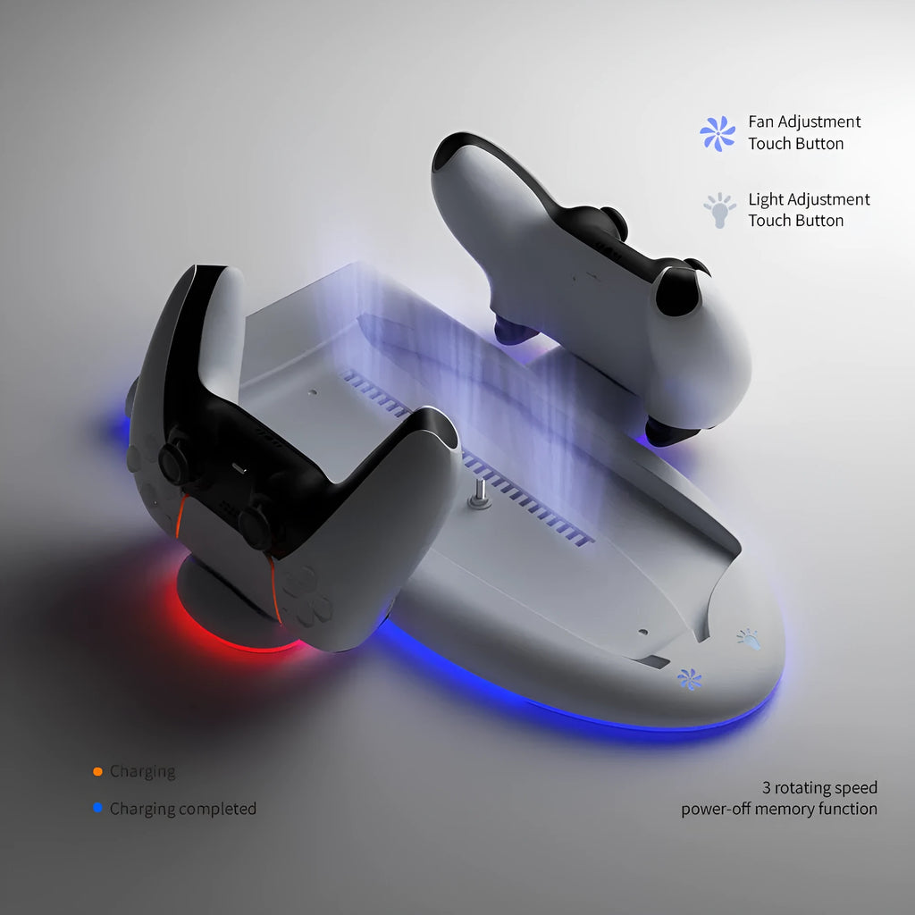 White PS5 Slim multi-function charging base with cooler pad fan, fixed charger belt, and RGB ambient lights.