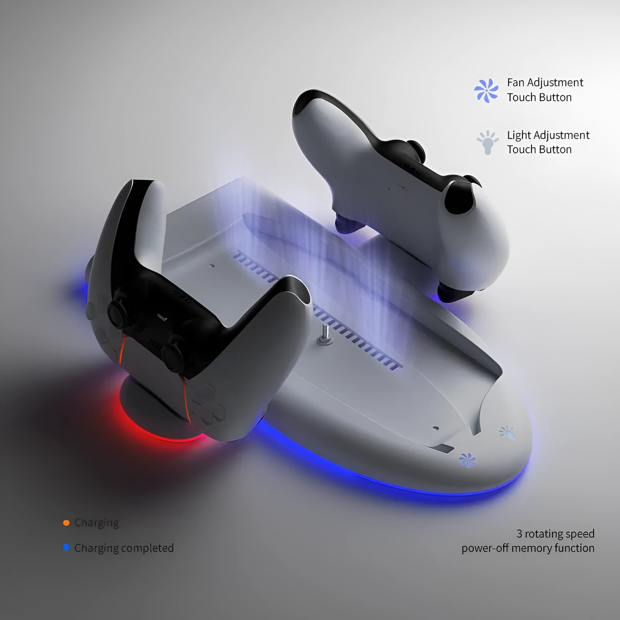 White PS5 Slim multi-function charging base with cooler pad fan, fixed charger belt, and RGB ambient lights.