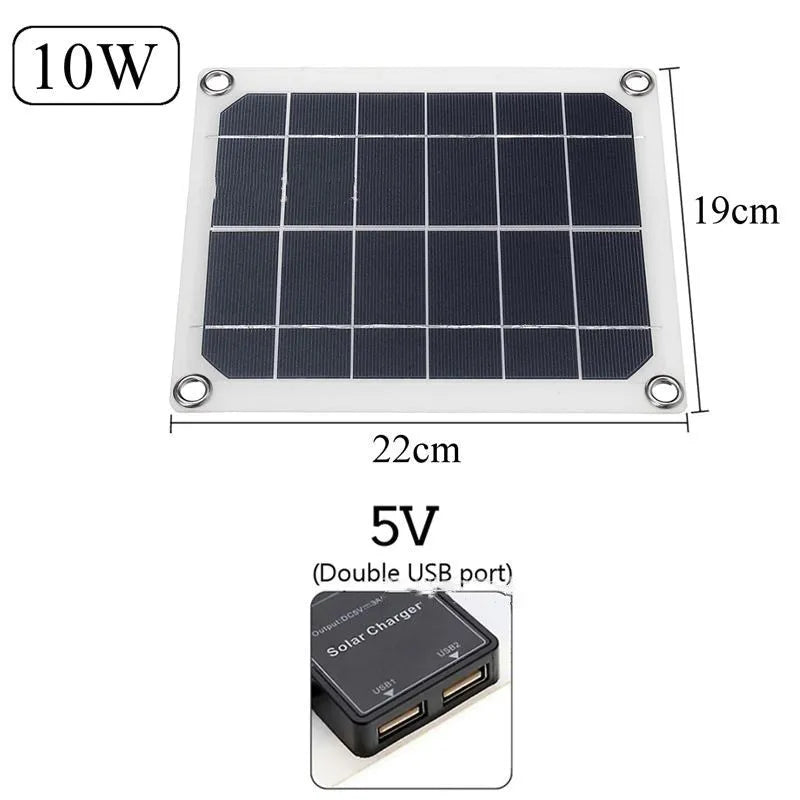 Portable polycrystalline solar panel with dual USB ports for outdoor device charging.