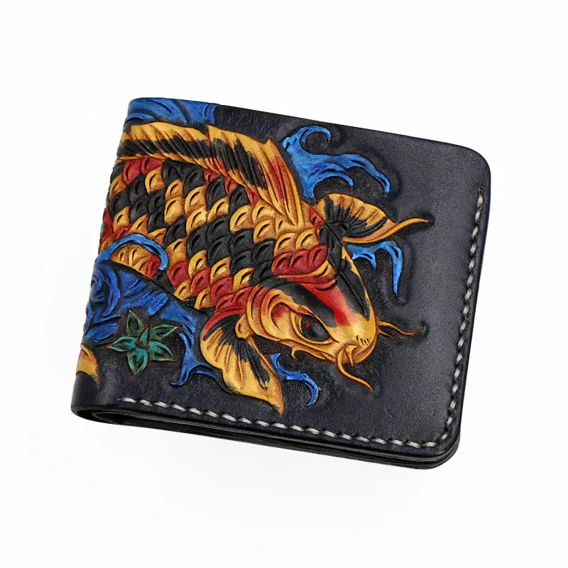 Handmade red men's cow leather short wallet with open closure.
