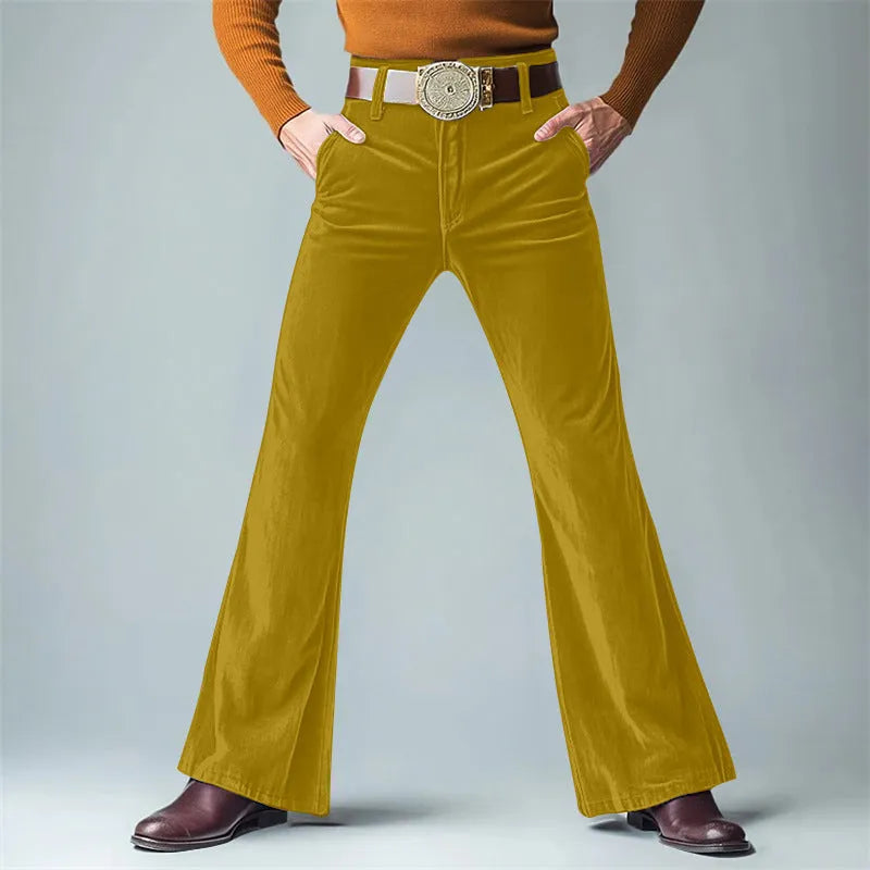 Men's gold velvet slim flared suit trousers in polyester blend fabric