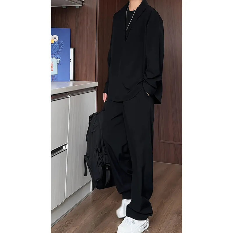 Men's black casual long sleeve polo shirt and trousers two-piece suit set in slim fit sports style