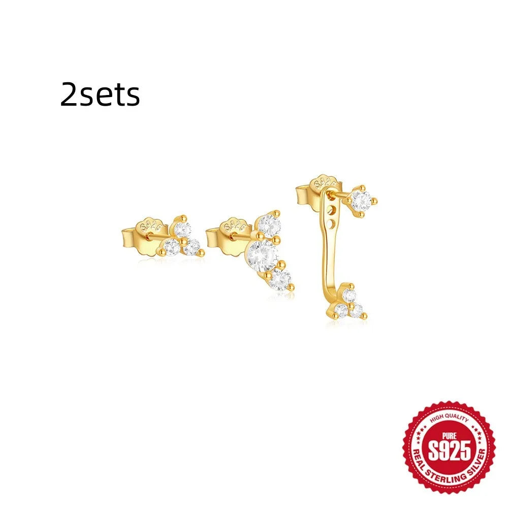 S925 sterling silver geometric tassel earrings in gold tone, three-piece set for women