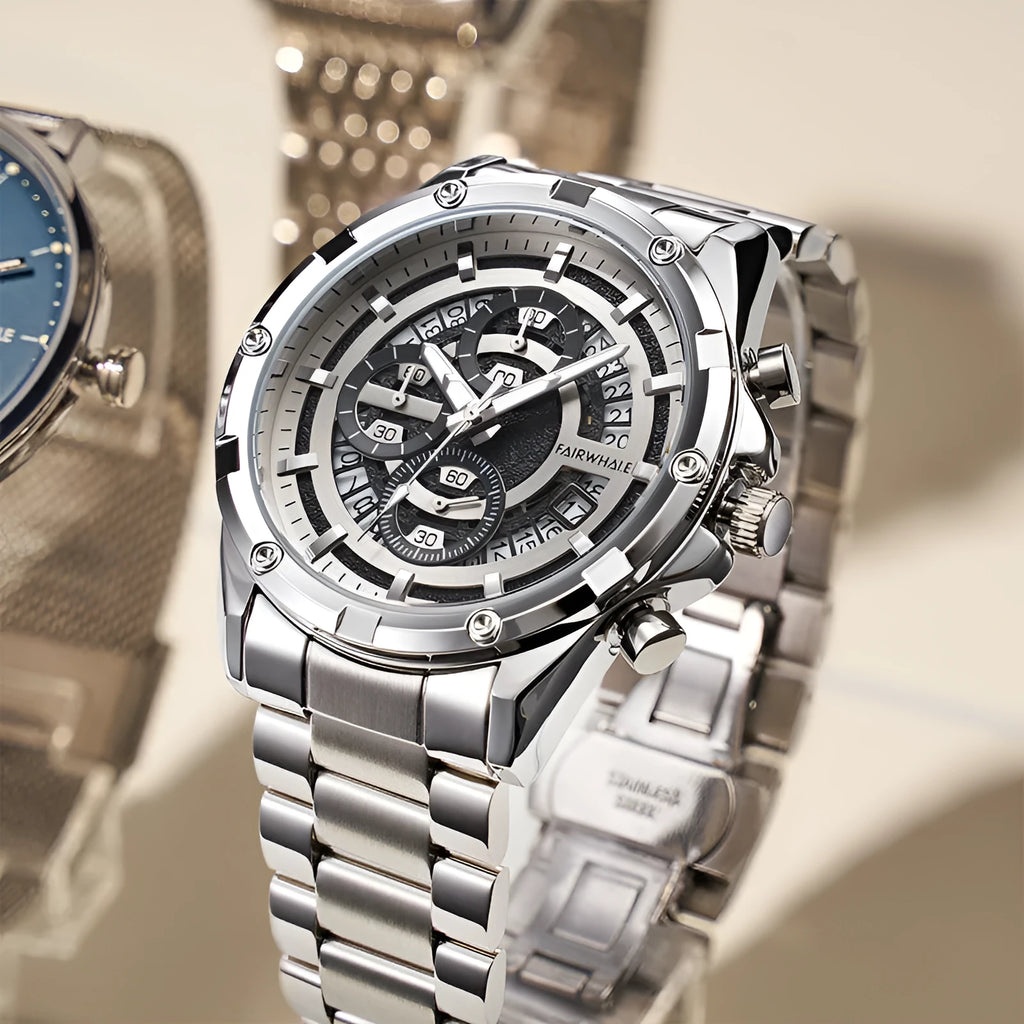 Men's waterproof luminous quartz watch with steel bracelet in black and blue, black and gold, or silver and white colour options