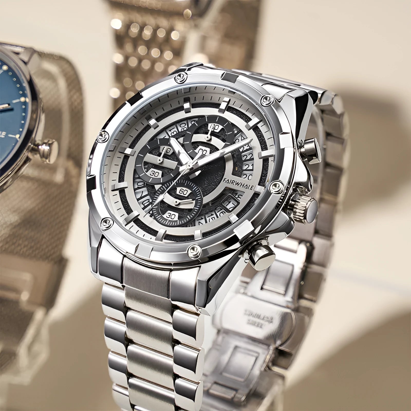Men's waterproof luminous quartz watch with steel bracelet in black and blue, black and gold, or silver and white colour options