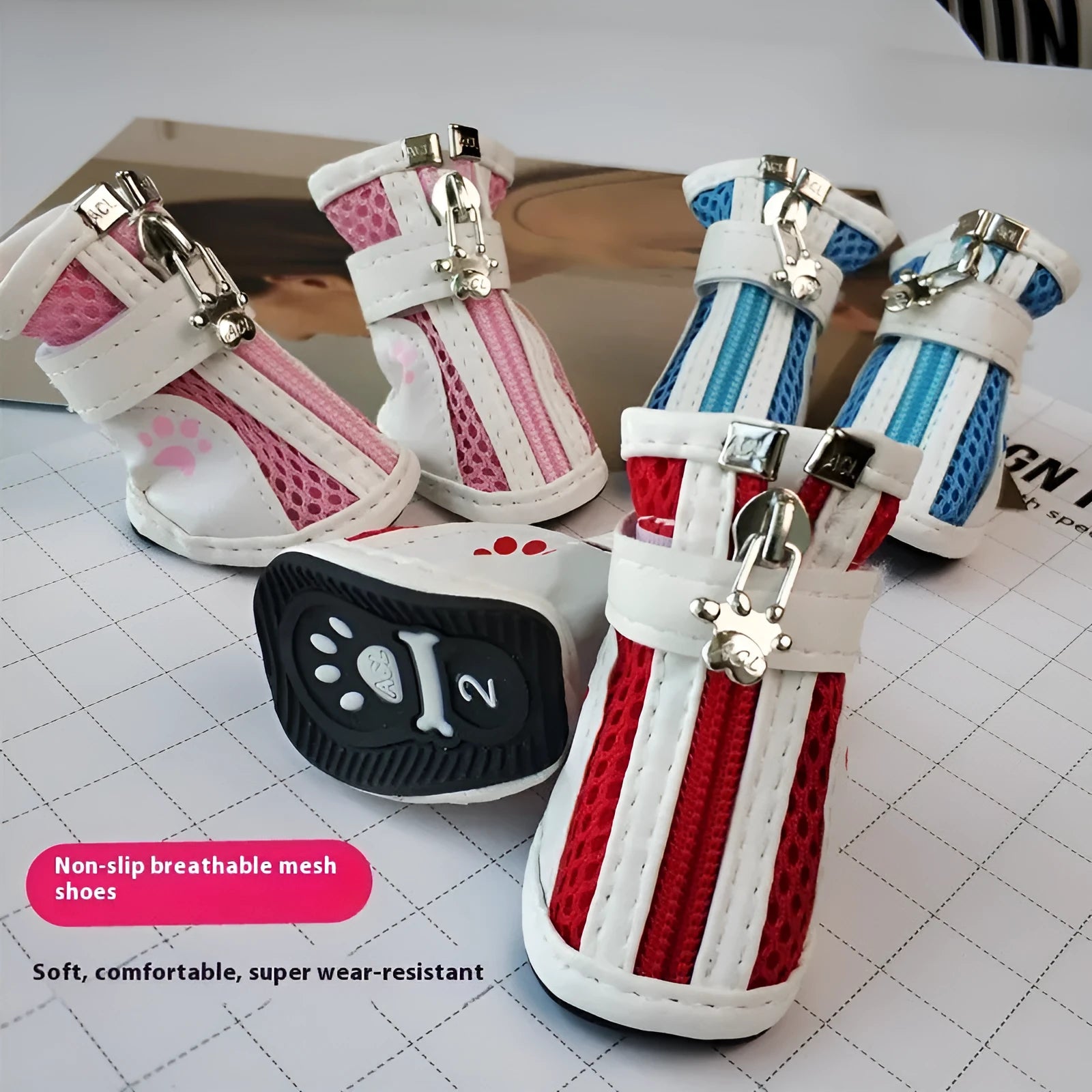 VIP-branded cloth dog sneakers with zipper closures in blue, pink or red colours