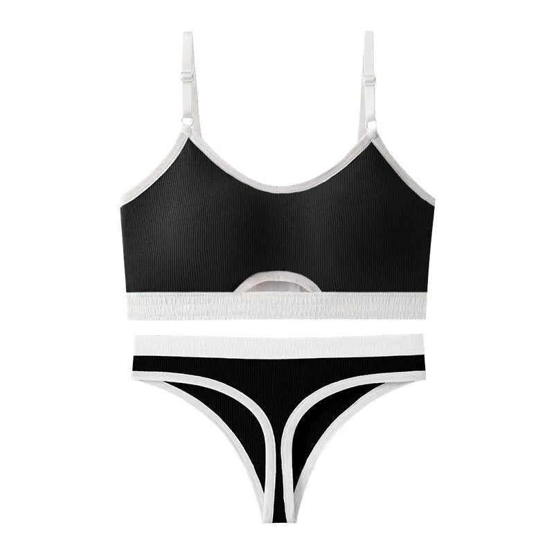 Women's contrast colour sports bra and briefs set with underwired tube top and thin moulded cups.