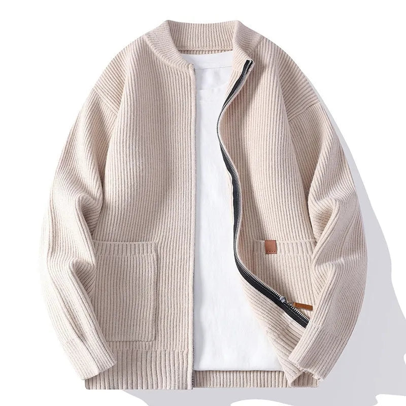 Men's beige striped straight fit cardigan jacket on a hanger.