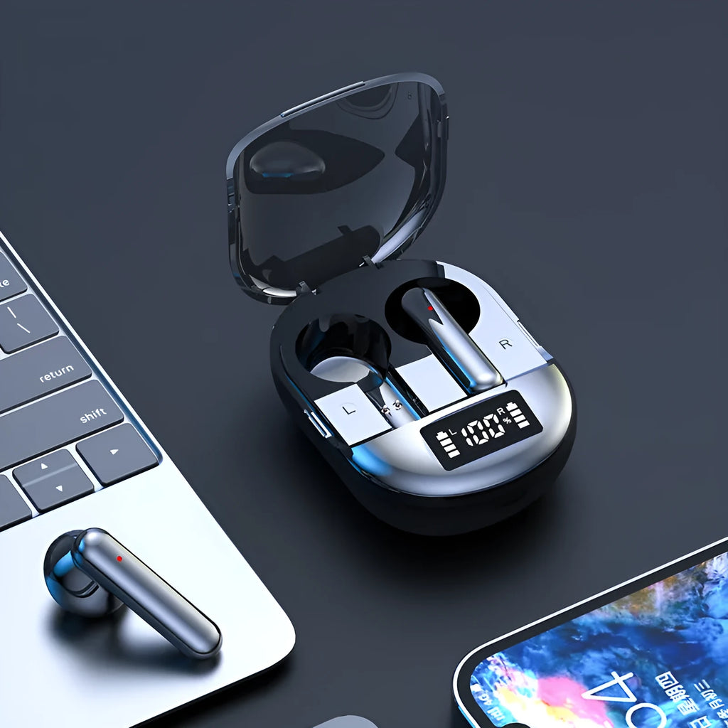 Black and white wireless Bluetooth in-ear headphones with a digital display, shown next to their charging case.