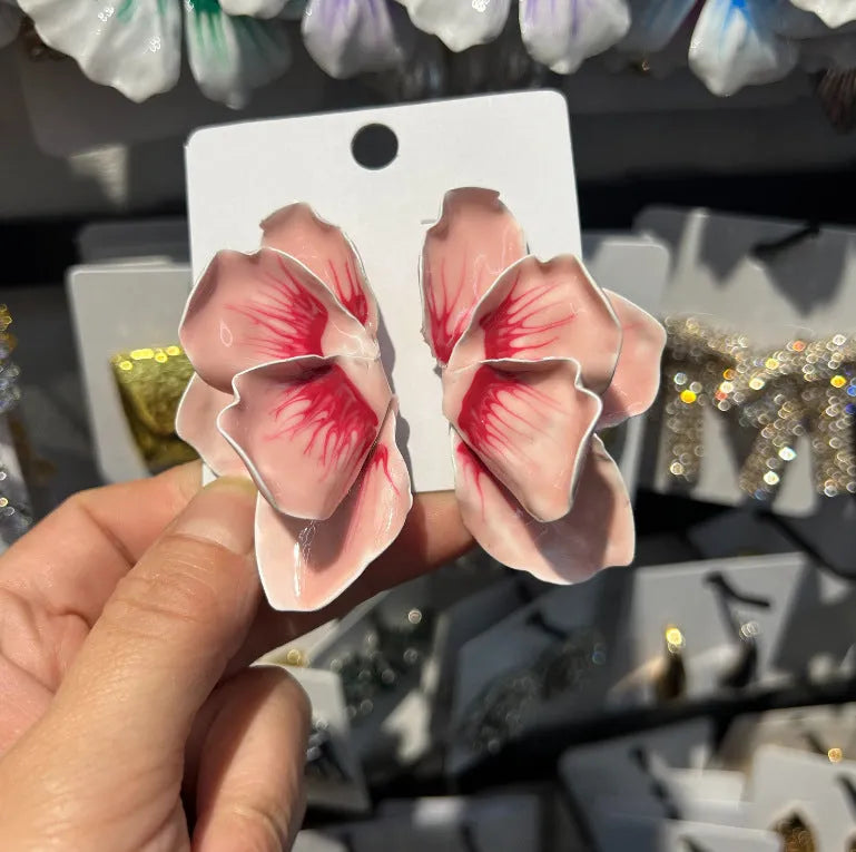 Pastoral style alloy flower stud earrings with electroplated finish and oil-spot glaze texture