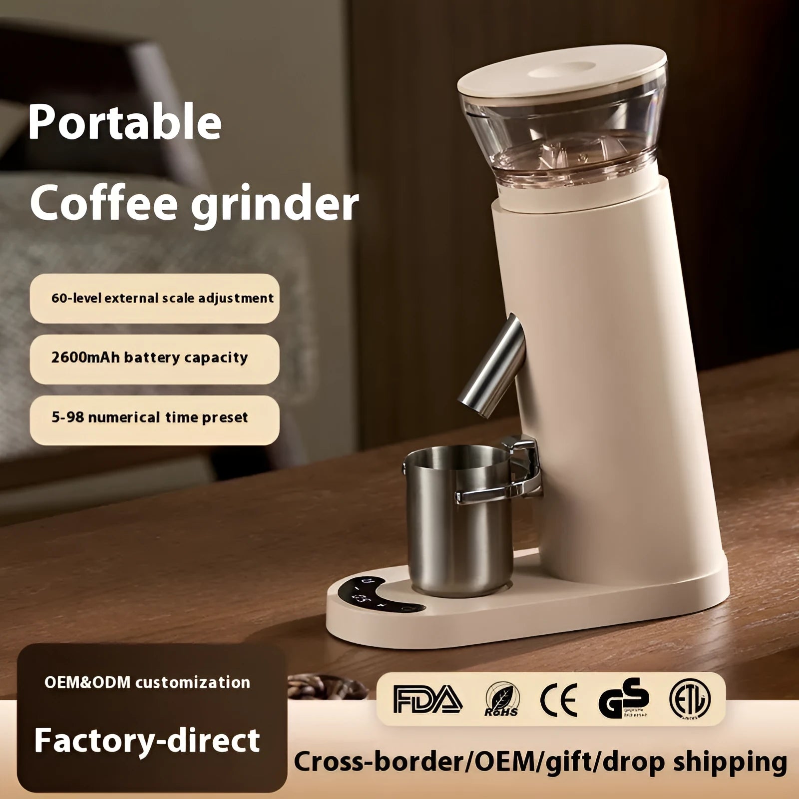 Electric coffee grinder machine with stainless steel body and 0.5L reservoir in retro beige design