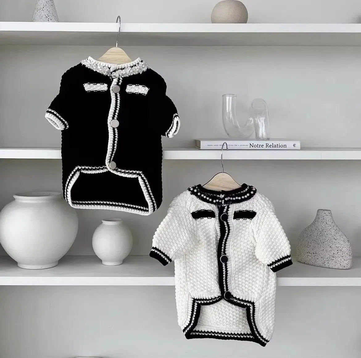 Korean style white dog sweater with pearl collar detail on small breed dog