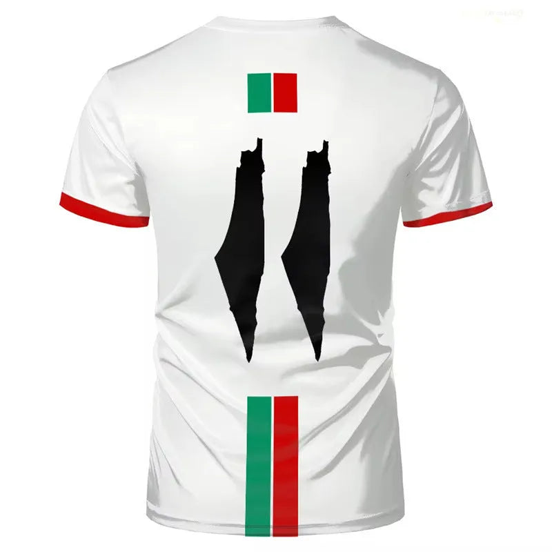 Black men's T-shirt with a raised white 3D football graphic print on the chest, showing half-length sleeves.