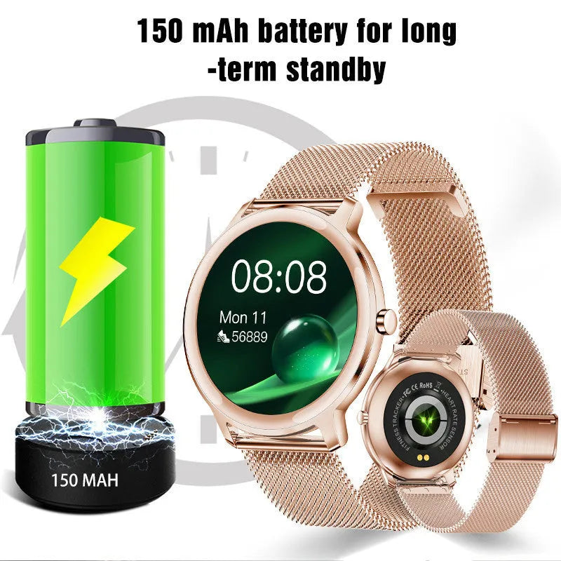 Women's waterproof smart watch with 1.3 inch touch screen and stainless steel wristband