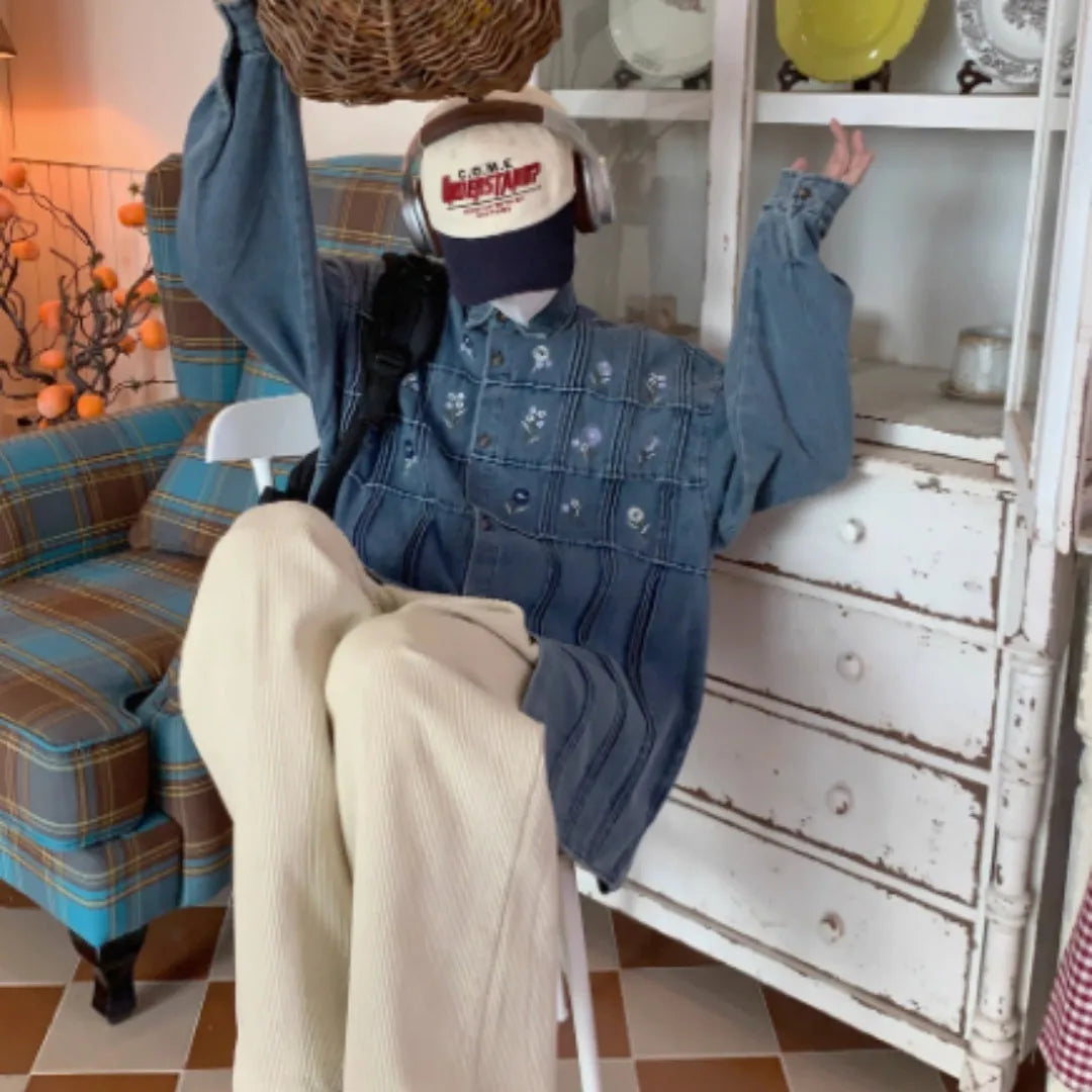 Vintage washed blue denim shirt with small floral pleats and long sleeves