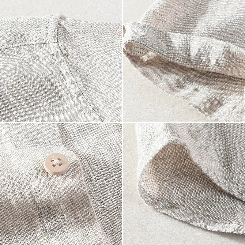 Men's short sleeve linen shirt with square collar in raw jute colour and grey options