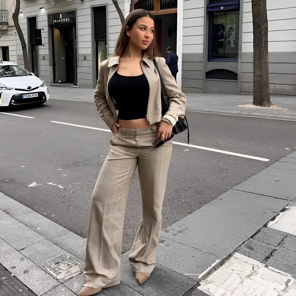 Women's herringbone pattern casual suit set with 3D embroidery, featuring a long sleeve jacket and straight leg trousers.