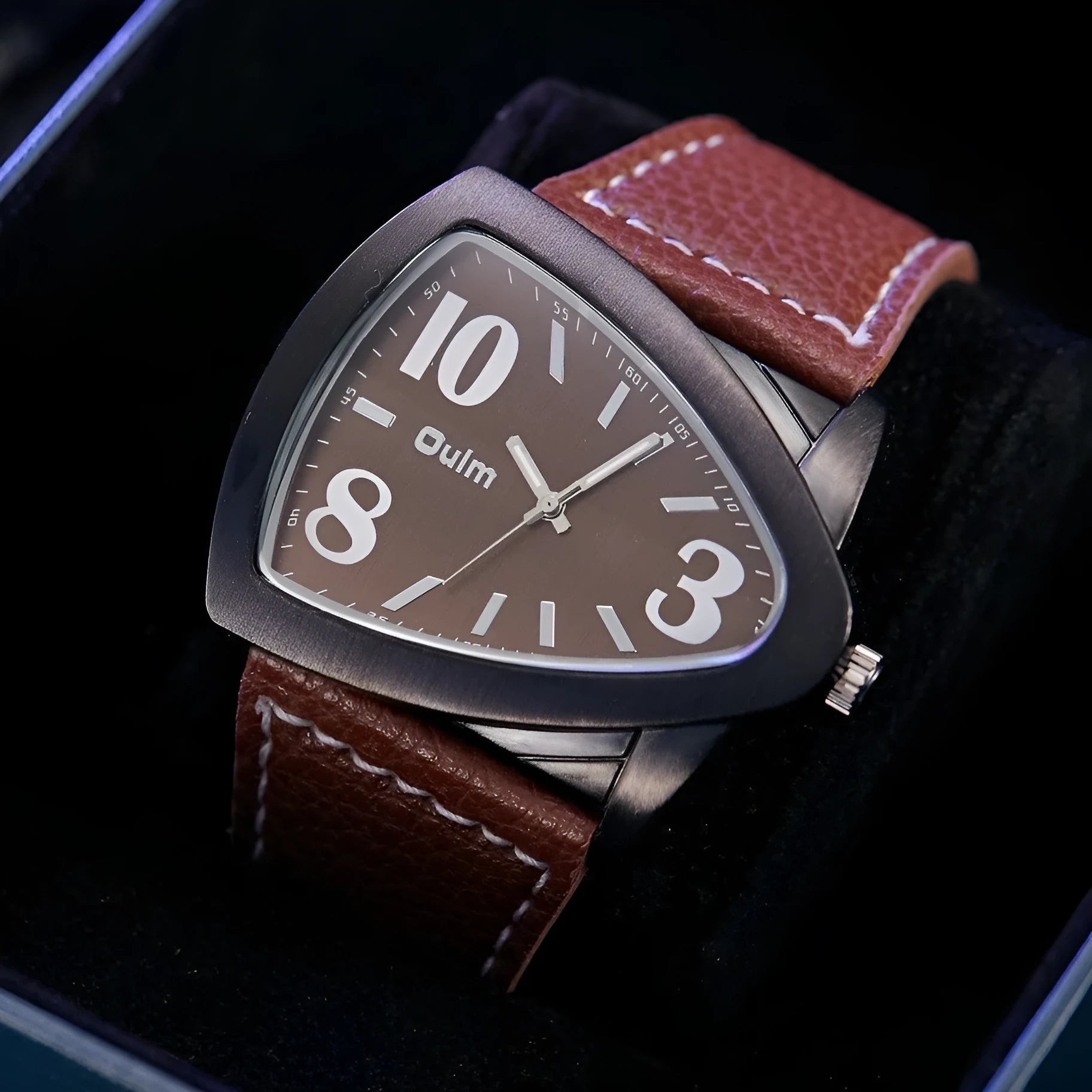 Men's casual triangle belt quartz watch showing brown, black and blue colour options with 9mm thickness