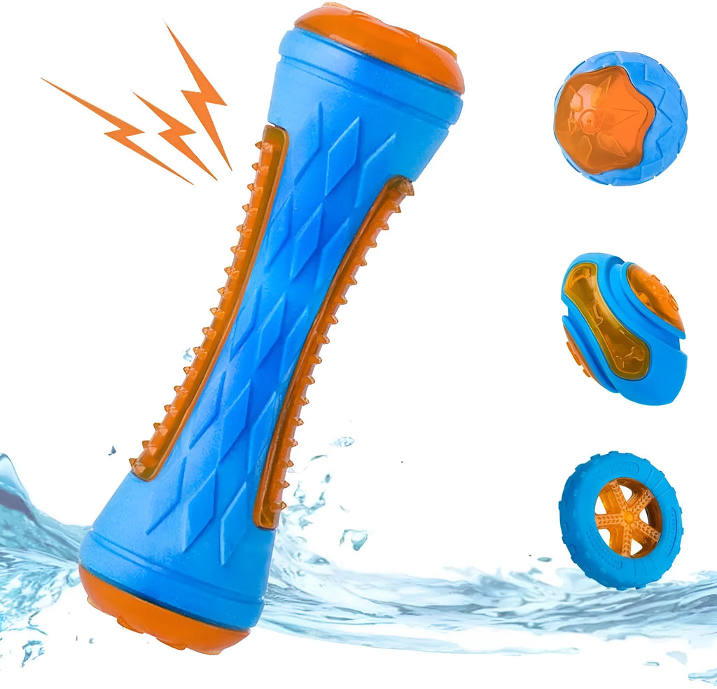 Set of four floating TPR dog toys: a squeaky ball, barbell, and two tires for water fetch.