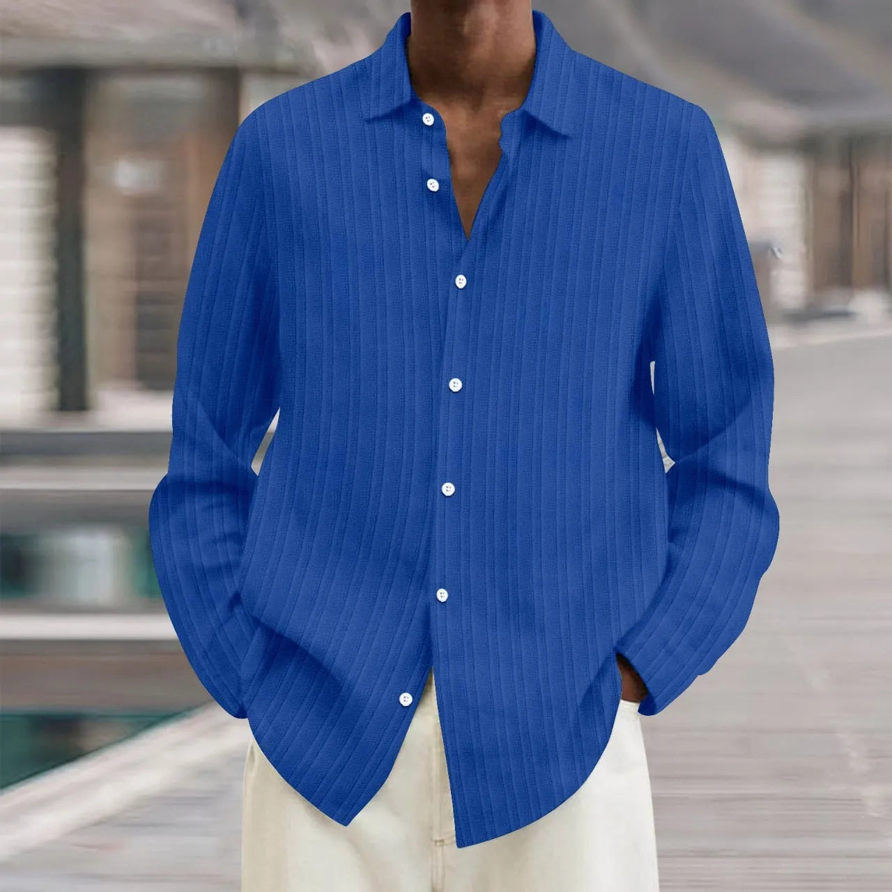 Men's striped long sleeve cardigan shirt in British style loose fit on hanger