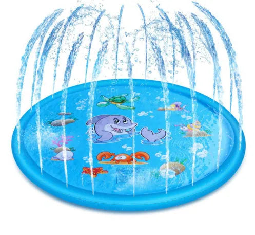 Blue PVC children's water spray mat with marine animal designs laid on grass