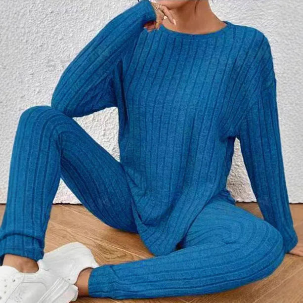 Black and blue sunken stripe two-piece homewear set with regular sleeve top and trousers