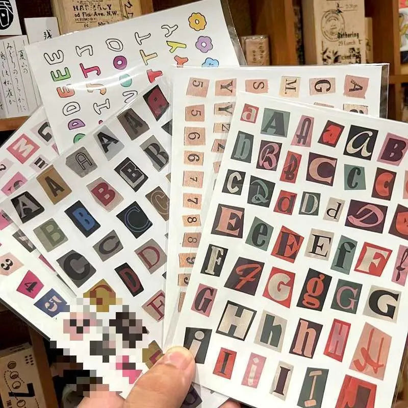 Set of printed vinyl decoration stickers showing English letters A, B, C, D, E and weekly words in a cute style.