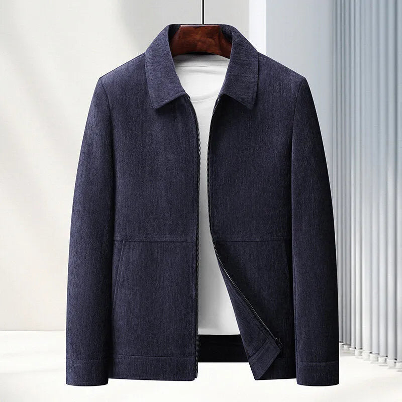 Men's slim fit casual jacket in Vinylon fabric with lapel collar, shown in dark blue colour.
