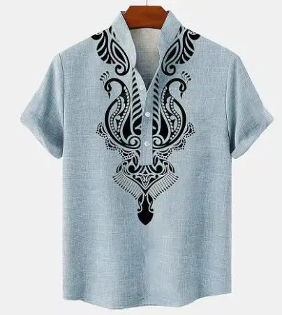 Men's loose-fit striped casual shirt with personalised buttons on a hanger