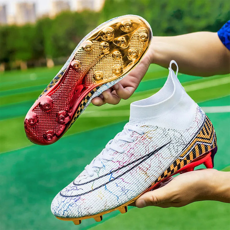High-top male football training shoes with gold plated sole in black, white and mandarin duck colours