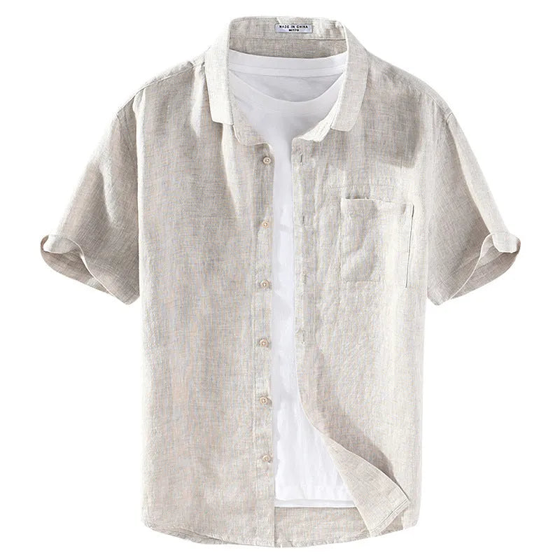 Men's short sleeve linen shirt with square collar in raw jute colour and grey options