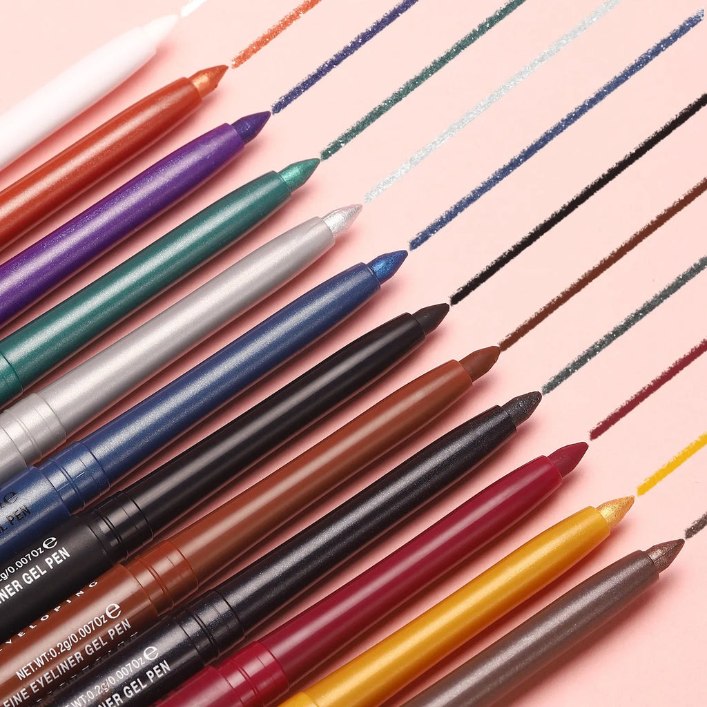 Set of 12 colourful gel glitter eyeliner pencils in waterproof formula for multi-purpose makeup