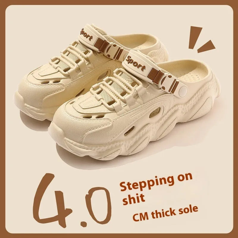 Men's khaki outdoor slippers with hollow out design and EVA soles showing non-slip pattern