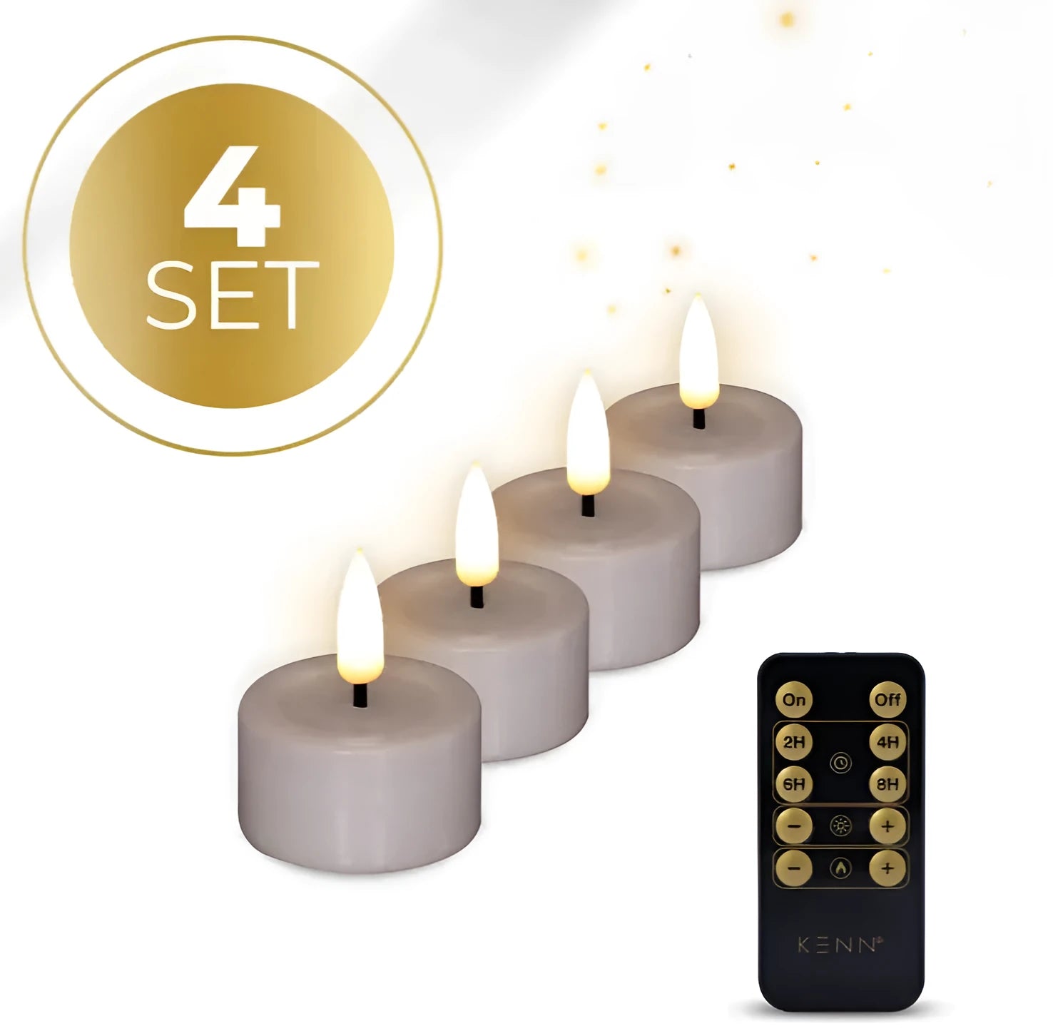 Four taupe-coloured LED tealight candles showing dimensions and realistic flickering flame effect