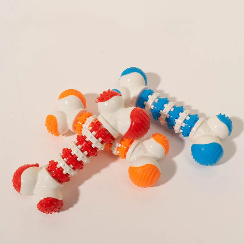 Blue orange red bone-shaped interactive dog toy for small breeds with chewable ends and treat compartment