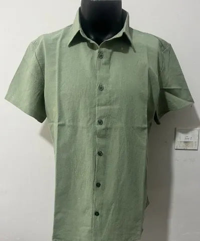 Men's light blue linen blend short sleeve shirt with loose fit on hanger
