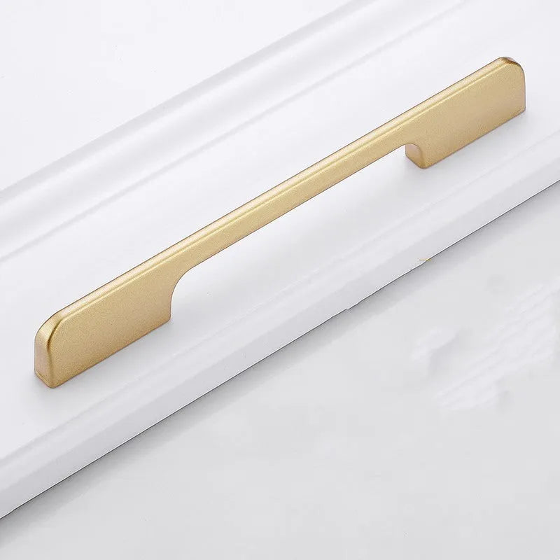 Gold T-shaped modern single hole cabinet drawer handle showing three size variants.