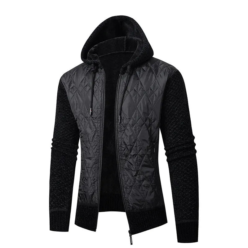 Men's grey hooded corduroy sweater coat with cardigan style and cinched waist