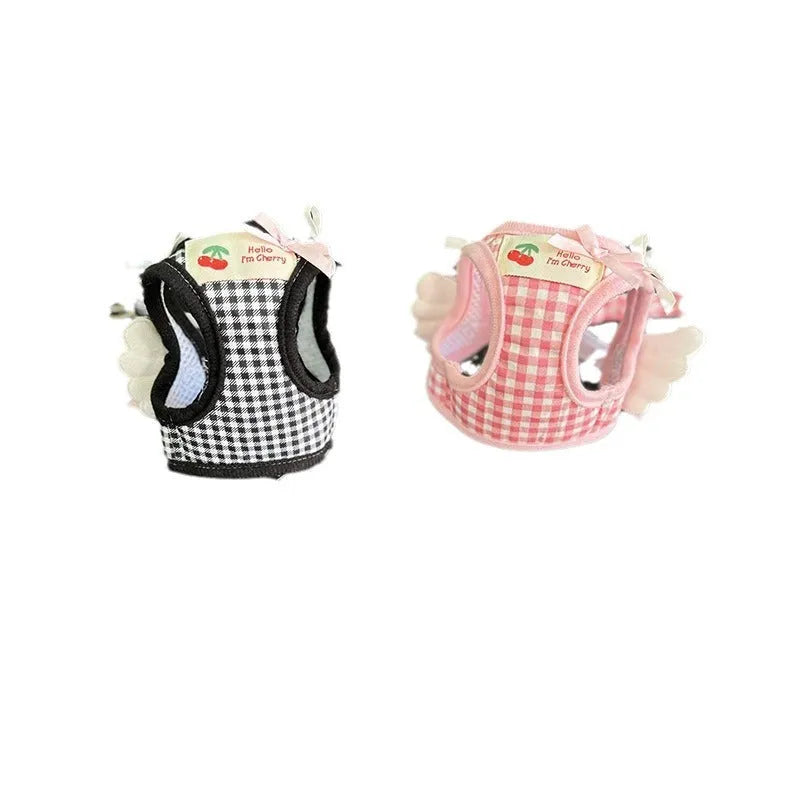 Pink and black cotton chest and back harness for small dogs with hand-holding rope in six sizes