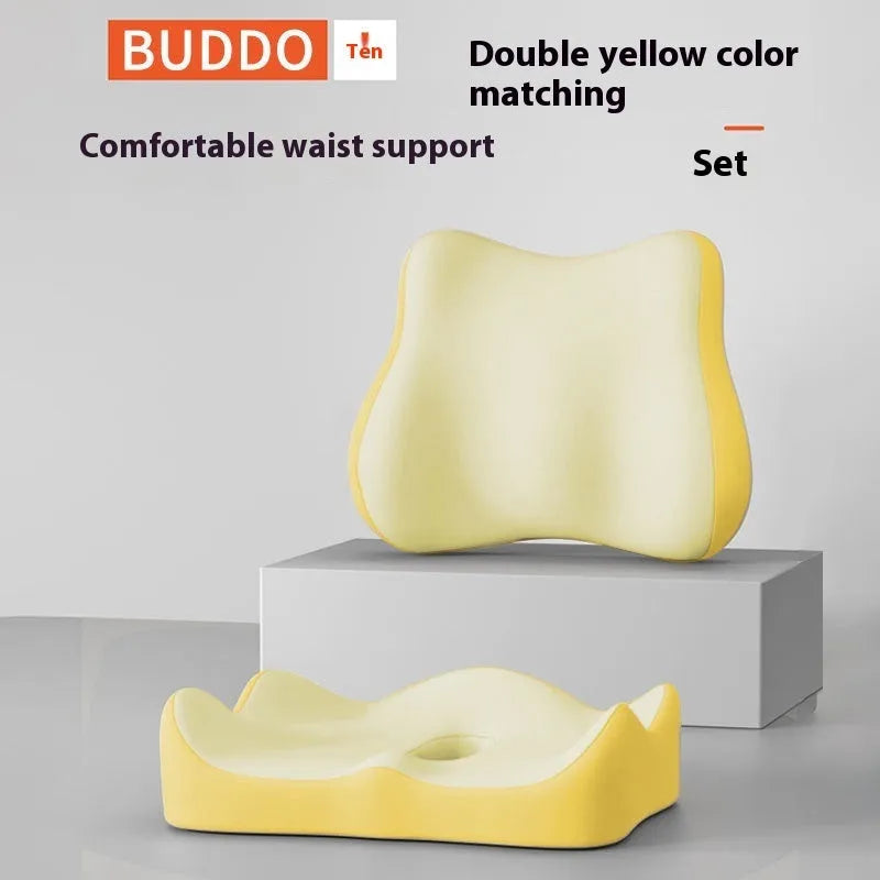 A waist rest seat cushion with memory foam filler for office use, shown in a blue and grey colour combination.