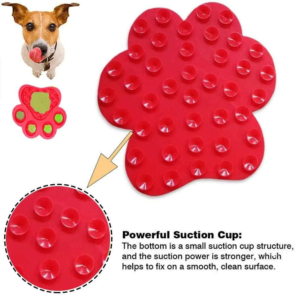 Blue bone-shaped silicone dog licking mat with suction cups on the back.